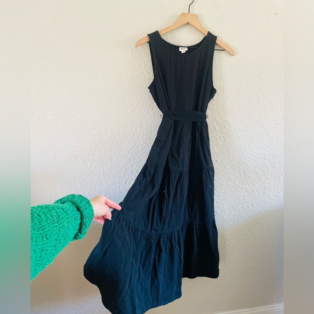 NEVER WORN : J. Crew Black Cotton Tiered Tie Waist Midi Dress NWT
